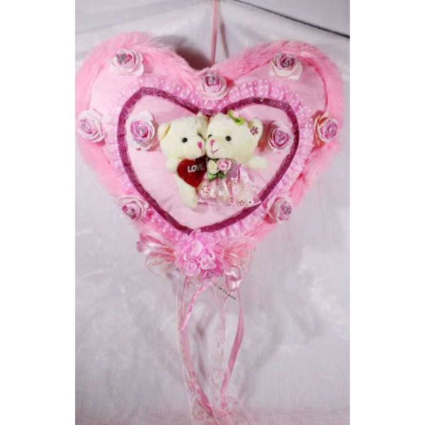Beautiful Pink Plush Frill Heart with Love Couple Teddy Bears
